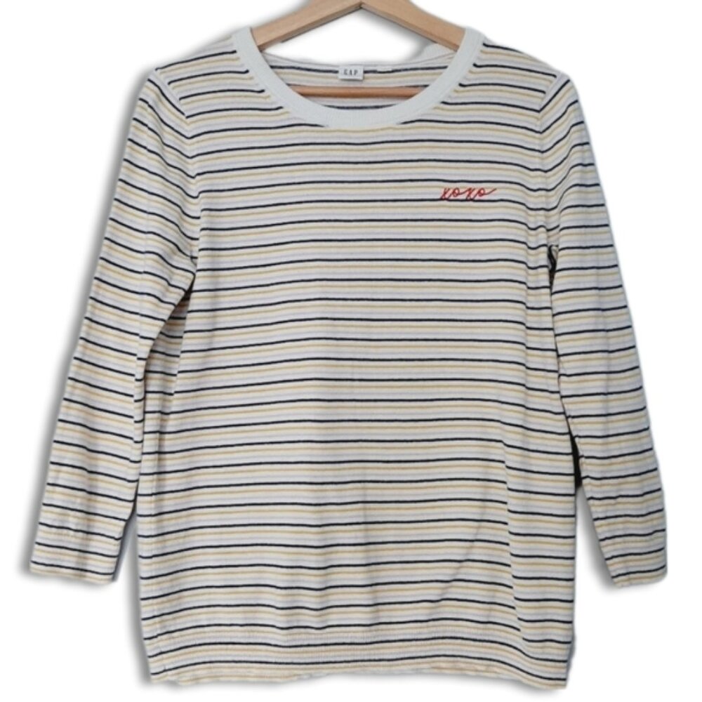 GAP 100% Cotton Fine Kit Crewneck Sweater Stripe Novelty XOXO Embroidery Sz M